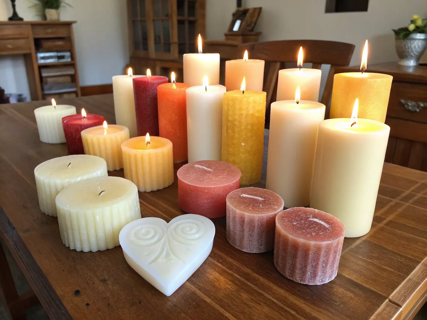 Assortment of finished candles in various shapes